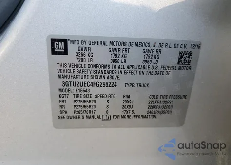 2015 GMC Sierra K1500 Sle from USA, damaged, VIN 3GTU2UEC4FG298224